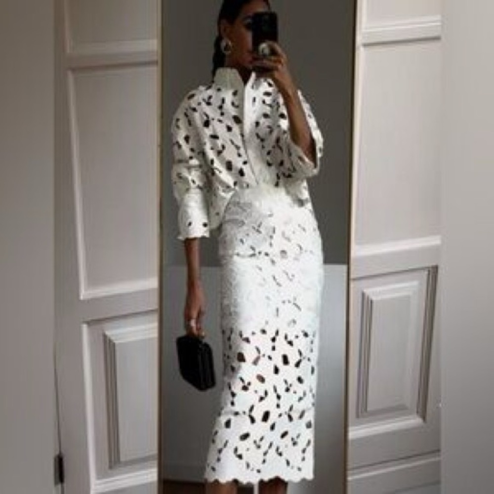 H&M Limited Edition Midi White Eyelet Embroidery Satin Skirt & Top